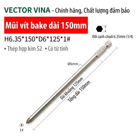 Mũi vít bake chữ thập mạ điện chống gỉ VECTOR VINA H6.35 – H6.35*150*D6*1#