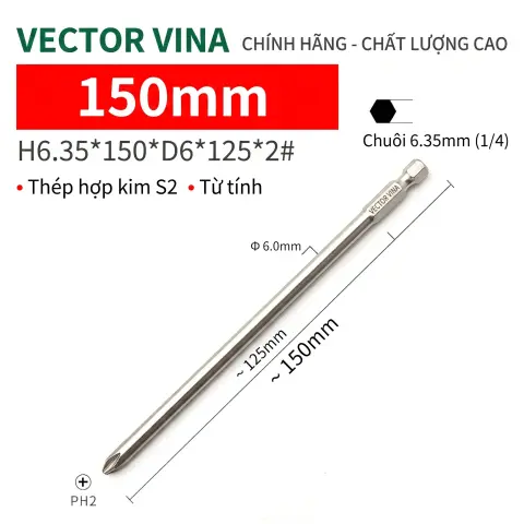 Mũi vít bake chữ thập mạ điện chống gỉ VECTOR VINA H6.35 – H6.35*150*D6*2#