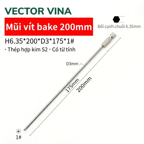 Mũi vít bake chữ thập mạ điện chống gỉ VECTOR VINA H6.35 – H6.35*200*D3*1#