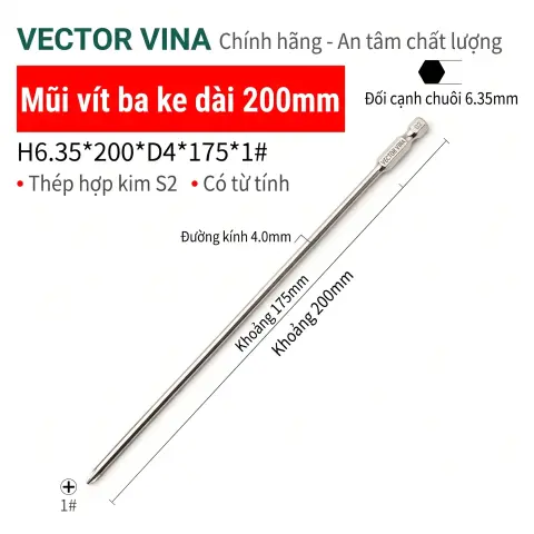 Mũi vít bake chữ thập mạ điện chống gỉ VECTOR VINA H6.35 – H6.35*200*D4*1#