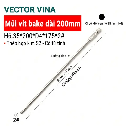Mũi vít bake chữ thập mạ điện chống gỉ VECTOR VINA H6.35 – H6.35*200*D4*2#