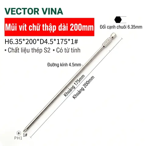 Mũi vít bake chữ thập mạ điện chống gỉ VECTOR VINA H6.35 – H6.35*200*D4.5*1#