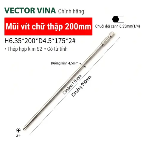 Mũi vít bake chữ thập mạ điện chống gỉ VECTOR VINA H6.35 – H6.35*200*D4.5*2#