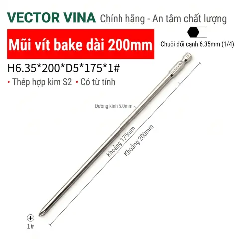 Mũi vít bake chữ thập mạ điện chống gỉ VECTOR VINA H6.35 – H6.35*200*D5*1#