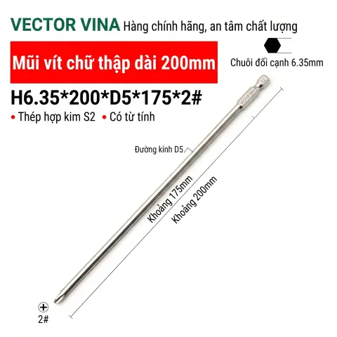 Mũi vít bake chữ thập mạ điện chống gỉ VECTOR VINA H6.35 – H6.35*200*D5*2#