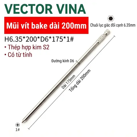 Mũi vít bake chữ thập mạ điện chống gỉ VECTOR VINA H6.35 – H6.35*200*D6*1#