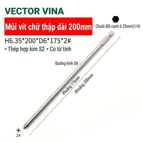 Mũi vít bake chữ thập mạ điện chống gỉ VECTOR VINA H6.35 – H6.35*200*D6*2#