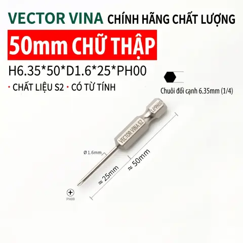 Mũi vít bake chữ thập mạ điện chống gỉ VECTOR VINA H6.35 – H6.35*50*D1.6*00#