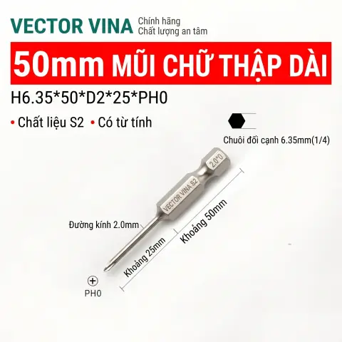 Mũi vít bake chữ thập mạ điện chống gỉ VECTOR VINA H6.35 – H6.35*50*D2*0#
