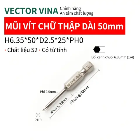 Mũi vít bake chữ thập mạ điện chống gỉ VECTOR VINA H6.35 – H6.35*50*D2.5*0#