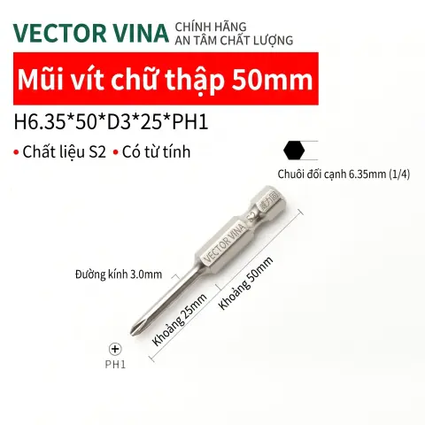 Mũi vít bake chữ thập mạ điện chống gỉ VECTOR VINA H6.35 – H6.35*50*D3*1#