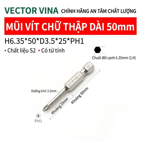 Mũi vít bake chữ thập mạ điện chống gỉ VECTOR VINA H6.35 – H6.35*50*D3.5*1#