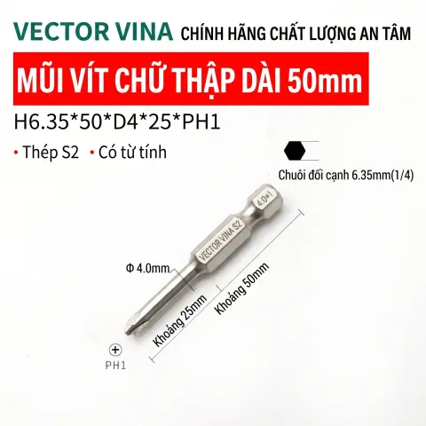 Mũi vít bake chữ thập mạ điện chống gỉ VECTOR VINA H6.35 – H6.35*50*D4*1#