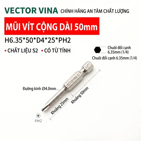 Mũi vít bake chữ thập mạ điện chống gỉ VECTOR VINA H6.35 – H6.35*50*D4*2#