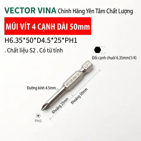 Mũi vít bake chữ thập mạ điện chống gỉ VECTOR VINA H6.35 – H6.35*50*D4.5*1#
