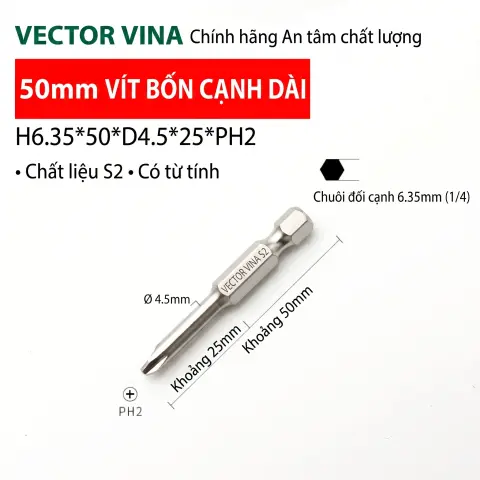 Mũi vít bake chữ thập mạ điện chống gỉ VECTOR VINA H6.35 – H6.35*50*D4.5*2#