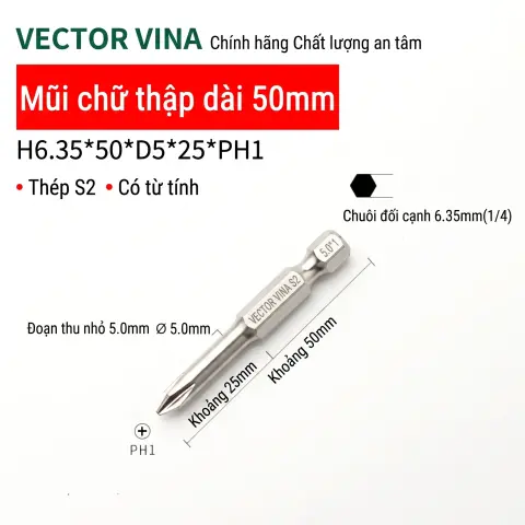 Mũi vít bake chữ thập mạ điện chống gỉ VECTOR VINA H6.35 – H6.35*50*D5*1#