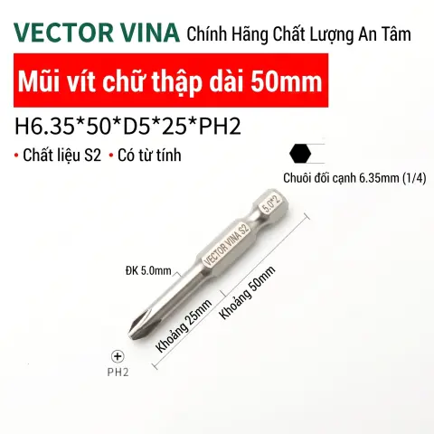 Mũi vít bake chữ thập mạ điện chống gỉ VECTOR VINA H6.35 – H6.35*50*D5*2#