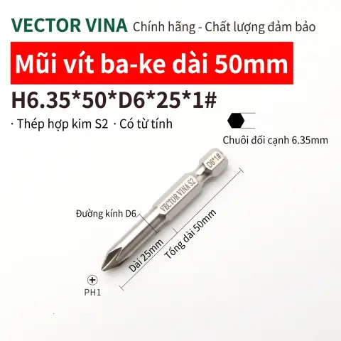 Mũi vít bake chữ thập mạ điện chống gỉ VECTOR VINA H6.35 – H6.35*50*D6*1#