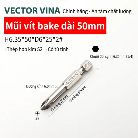 Mũi vít bake chữ thập mạ điện chống gỉ VECTOR VINA H6.35 – H6.35*50*D6*2#