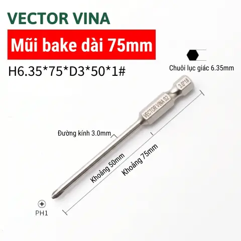 Mũi vít bake chữ thập mạ điện chống gỉ VECTOR VINA H6.35 – H6.35*75*D3*50*1#