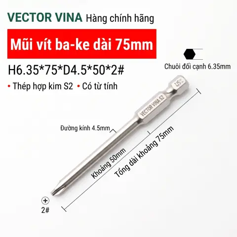 Mũi vít bake chữ thập mạ điện chống gỉ VECTOR VINA H6.35 – H6.35*75*D4.5*50*2#