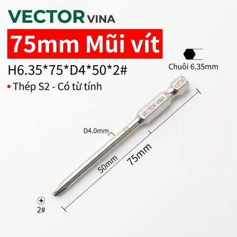 Mũi vít bake chữ thập mạ điện chống gỉ VECTOR VINA H6.35 – H6.35*75*D4*50*2#