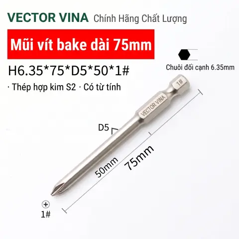 Mũi vít bake chữ thập mạ điện chống gỉ VECTOR VINA H6.35 – H6.35*75*D5*50*1#