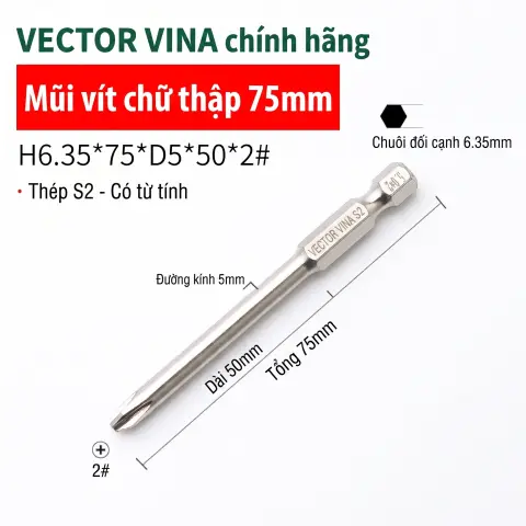 Mũi vít bake chữ thập mạ điện chống gỉ VECTOR VINA H6.35 – H6.35*75*D5*50*2#