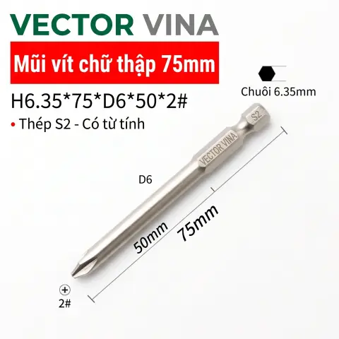 Mũi vít bake chữ thập mạ điện chống gỉ VECTOR VINA H6.35 – H6.35*75*D6*50*2#