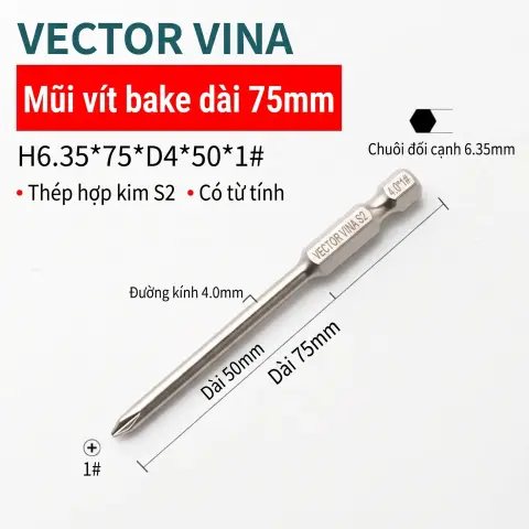 Mũi vít bake chữ thập mạ điện chống gỉ VECTOR VINA H6.35 – H6.35*75*D4*50*1#