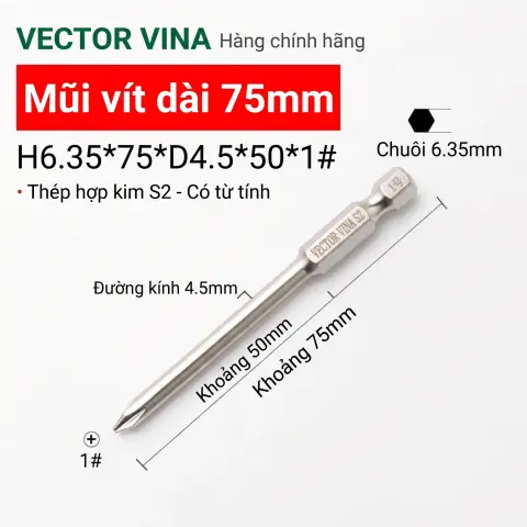 Mũi vít bake chữ thập mạ điện chống gỉ VECTOR VINA H6.35 – H6.35*75*D4.5*50*1#