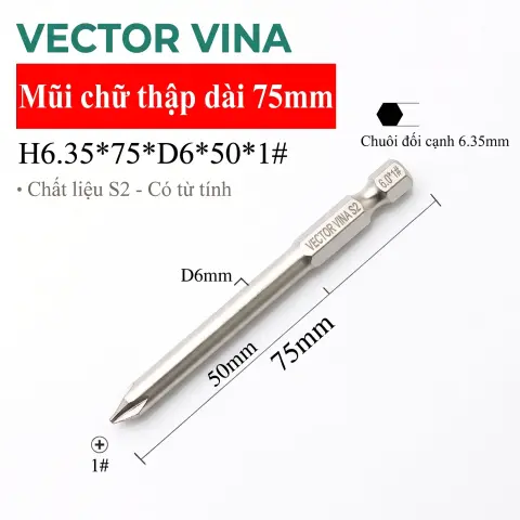 Mũi vít bake chữ thập mạ điện chống gỉ VECTOR VINA H6.35 – H6.35*75*D6*50*1#