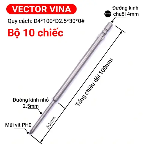 Mũi vít điện chữ thập chuôi tròn D4 VECTOR VINA – D4*100*D2.5*30*0#