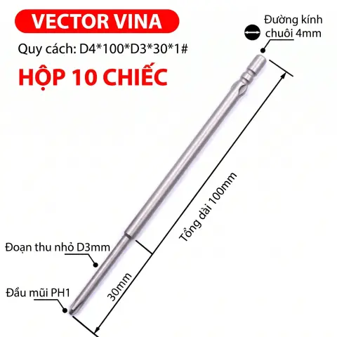 Mũi vít điện chữ thập chuôi tròn D4 VECTOR VINA – D4*100*D3*30*1#