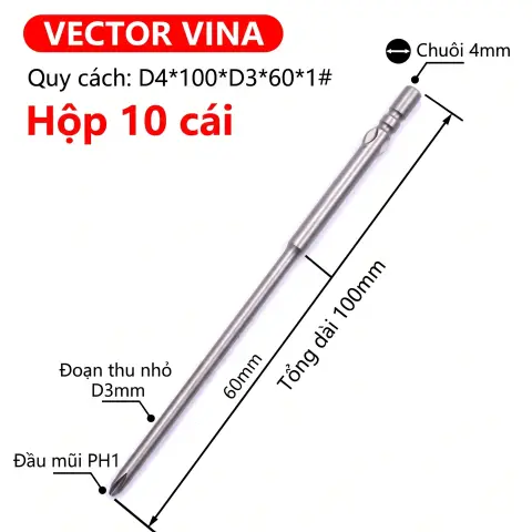 Mũi vít điện chữ thập chuôi tròn D4 VECTOR VINA – D4*100*D3*60*1#
