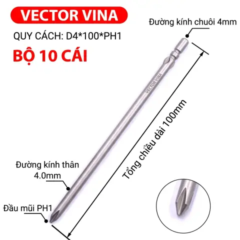 Mũi vít điện chữ thập chuôi tròn D4 VECTOR VINA – D4*100*PH1