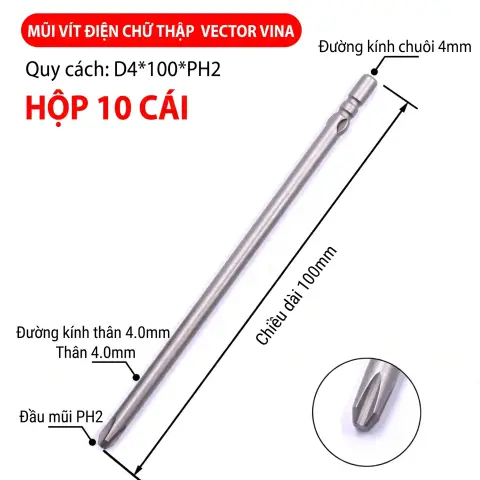 Mũi vít điện chữ thập chuôi tròn D4 VECTOR VINA – D4*100*PH2