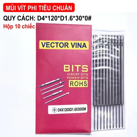 Mũi vít điện chữ thập chuôi tròn D4 VECTOR VINA – D4*120*D1.6*30*0#