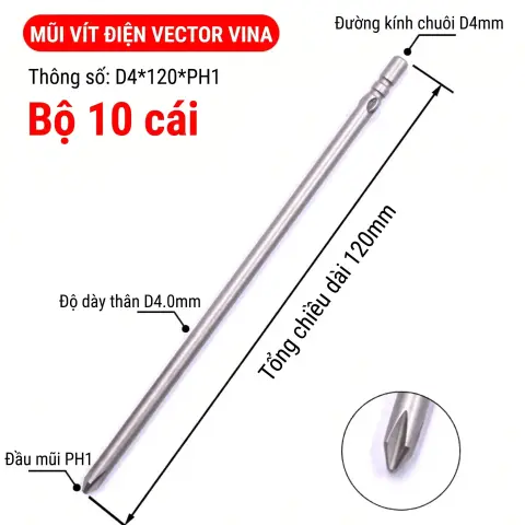 Mũi vít điện chữ thập chuôi tròn D4 VECTOR VINA – D4*120*PH1