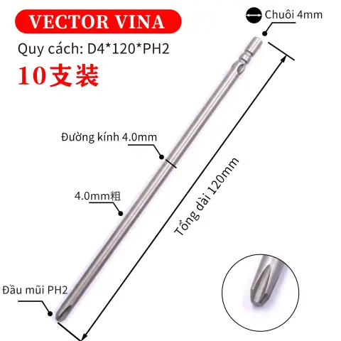 Mũi vít điện chữ thập chuôi tròn D4 VECTOR VINA – D4*120*PH2