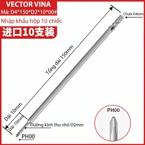 Mũi vít điện chữ thập chuôi tròn D4 VECTOR VINA – D4*150*D2*10*00#