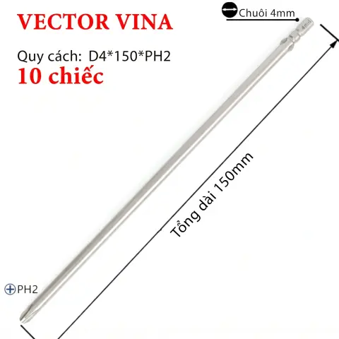 Mũi vít điện chữ thập chuôi tròn D4 VECTOR VINA – D4*150*PH2