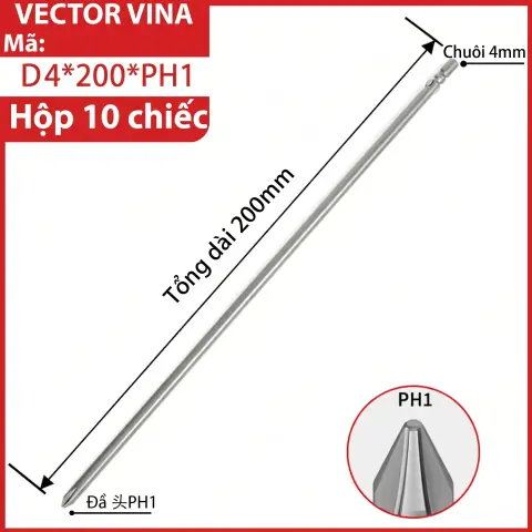 Mũi vít điện chữ thập chuôi tròn D4 VECTOR VINA – D4*200*PH1