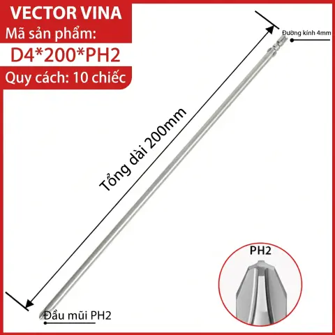 Mũi vít điện chữ thập chuôi tròn D4 VECTOR VINA – D4*200*PH2