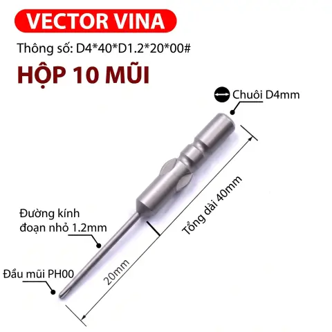 Mũi vít điện chữ thập chuôi tròn D4 VECTOR VINA – D4*40*D1.2*20*00#