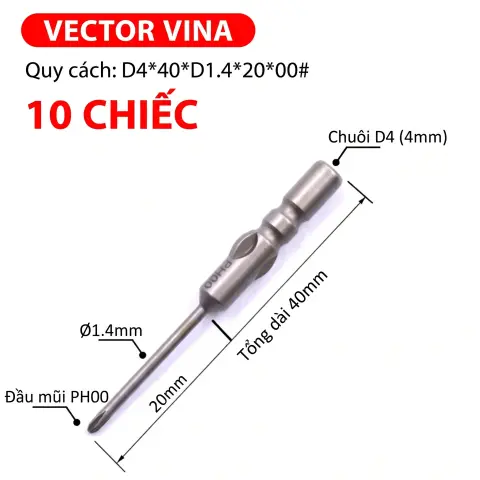 Mũi vít điện chữ thập chuôi tròn D4 VECTOR VINA – D4*40*D1.4*20*00#