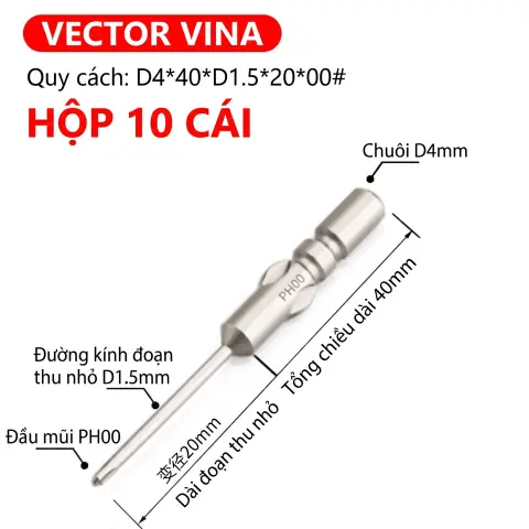 Mũi vít điện chữ thập chuôi tròn D4 VECTOR VINA – D4*40*D1.5*20*00#