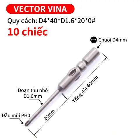 Mũi vít điện chữ thập chuôi tròn D4 VECTOR VINA – D4*40*D1.6*20*0#