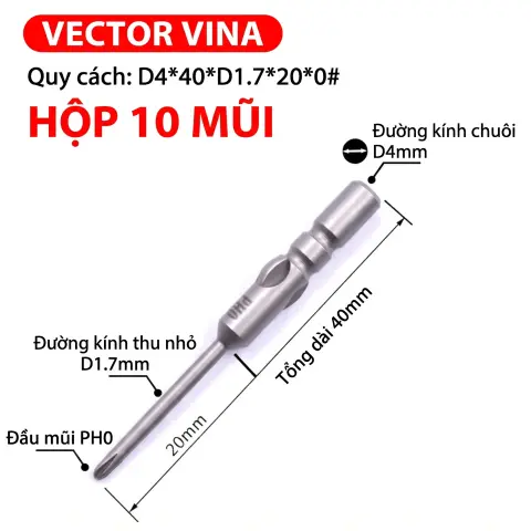Mũi vít điện chữ thập chuôi tròn D4 VECTOR VINA – D4*40*D1.7*20*0#